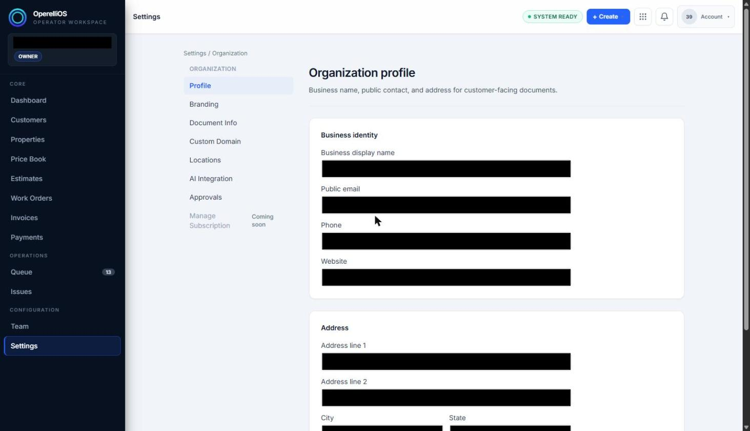 Organization profile page with business identity and address field labels; values covered