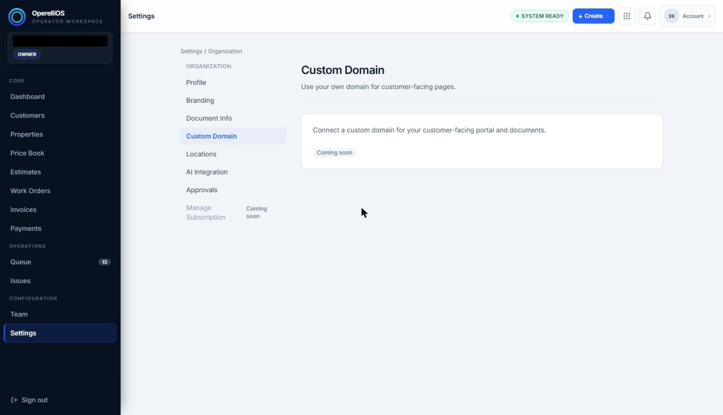 Custom Domain settings area marked Coming soon