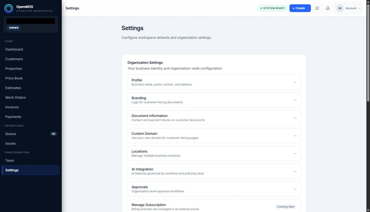 Settings landing page listing Organization Settings cards