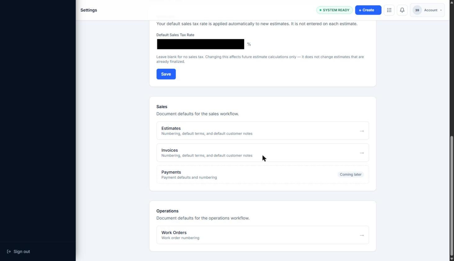 Settings page showing sales tax rate field and Sales and Operations module sections