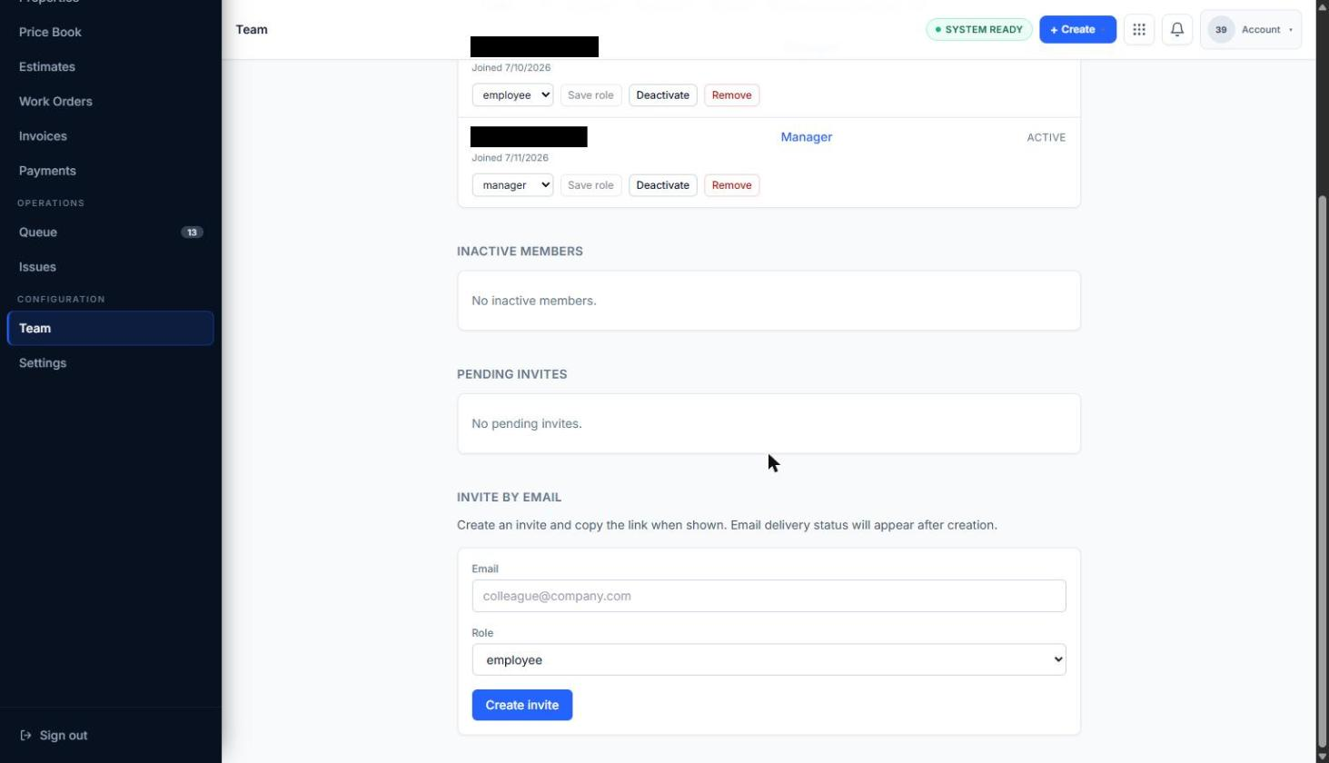 Invite by email section showing Email, Role, and Create invite controls