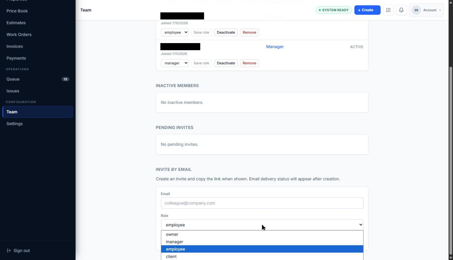 Invite by email role selector open with owner, manager, employee, and client options