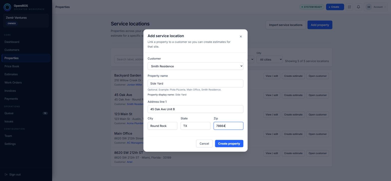 Add service location dialog filled with a customer, name, and address