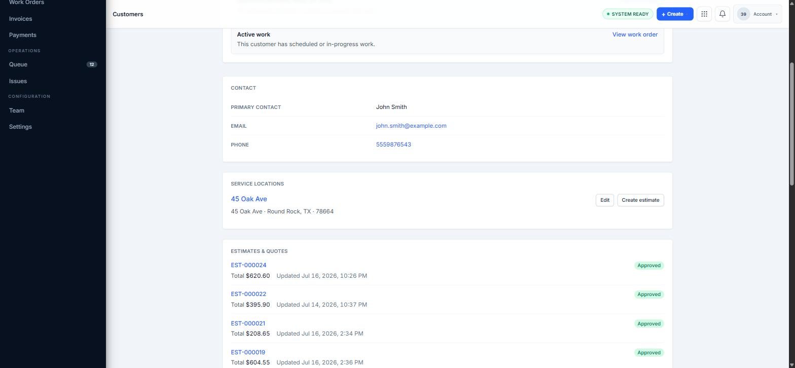 Customer profile showing service locations and estimates sections