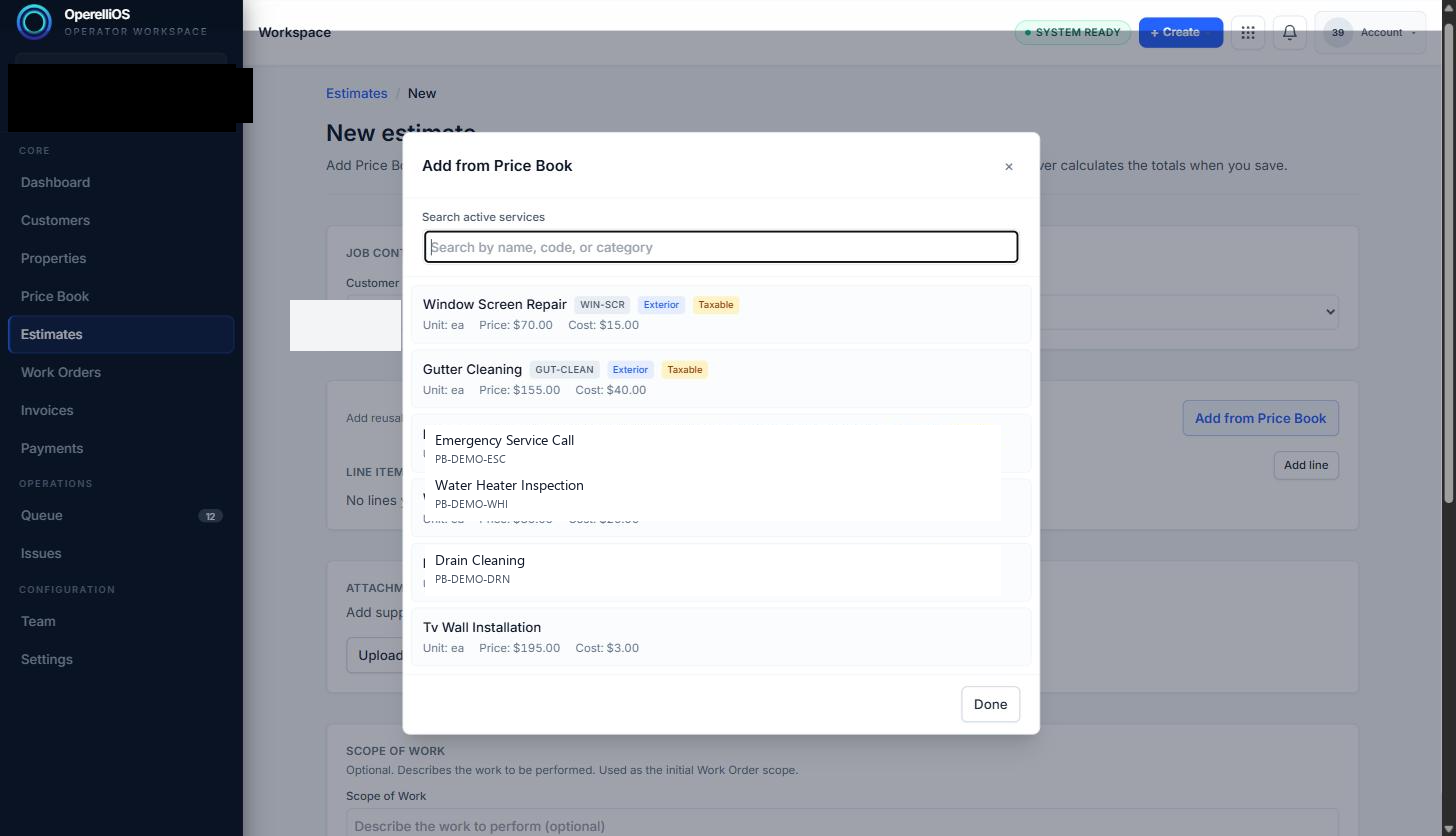 Add from Price Book dialog listing active services
