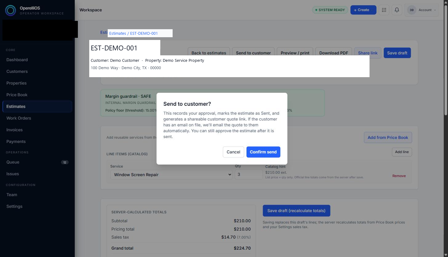 Send to customer confirmation dialog on a draft estimate