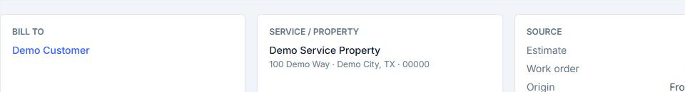 Bill To, Service Property, and Source cards on a synthetic Invoice