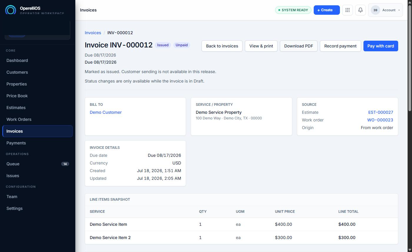 Detail view of a synthetic Invoice showing bill-to customer, service property, source references, and line items