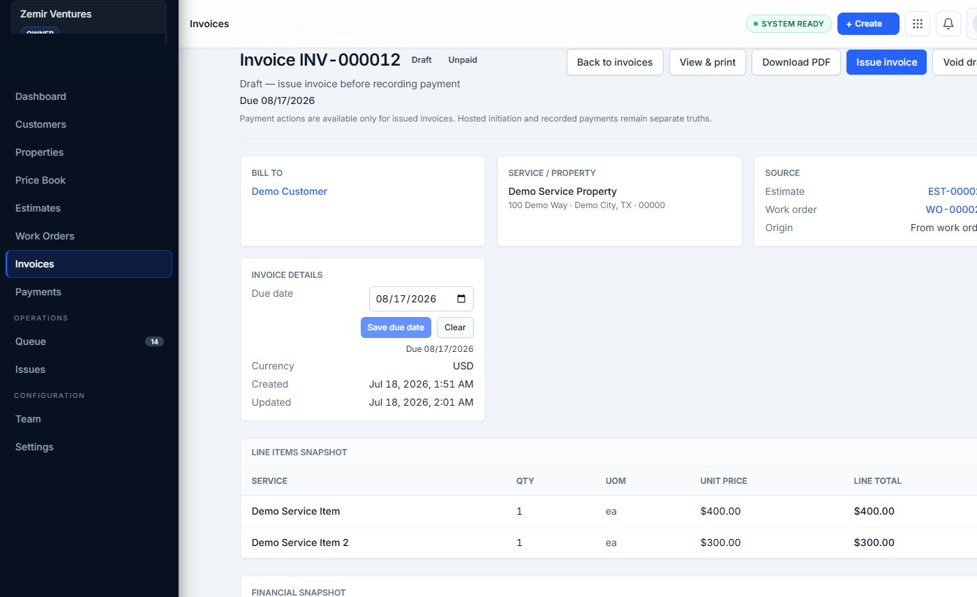 A synthetic Invoice due date field being edited with a Save due date control visible
