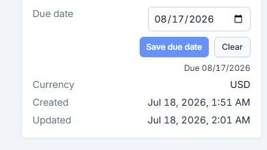 The Invoice Details card showing due date, currency, and created/updated timestamps