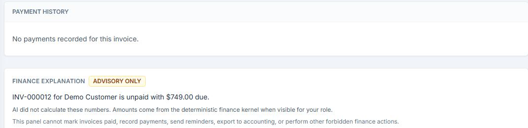 Payment history panel and an advisory-only finance explanation panel on a synthetic Invoice