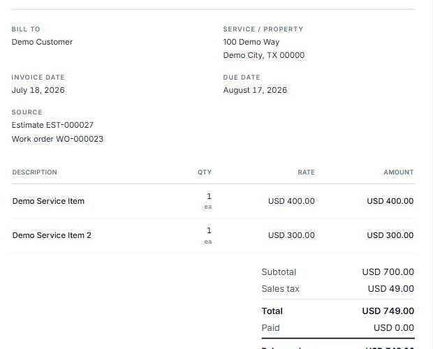 Printable layout of a synthetic Invoice showing bill-to, service property, dates, source, line items, and totals