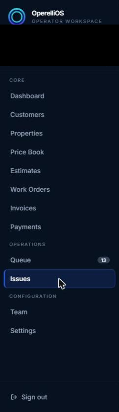 Sidebar Operations section showing Queue with a count badge and Issues