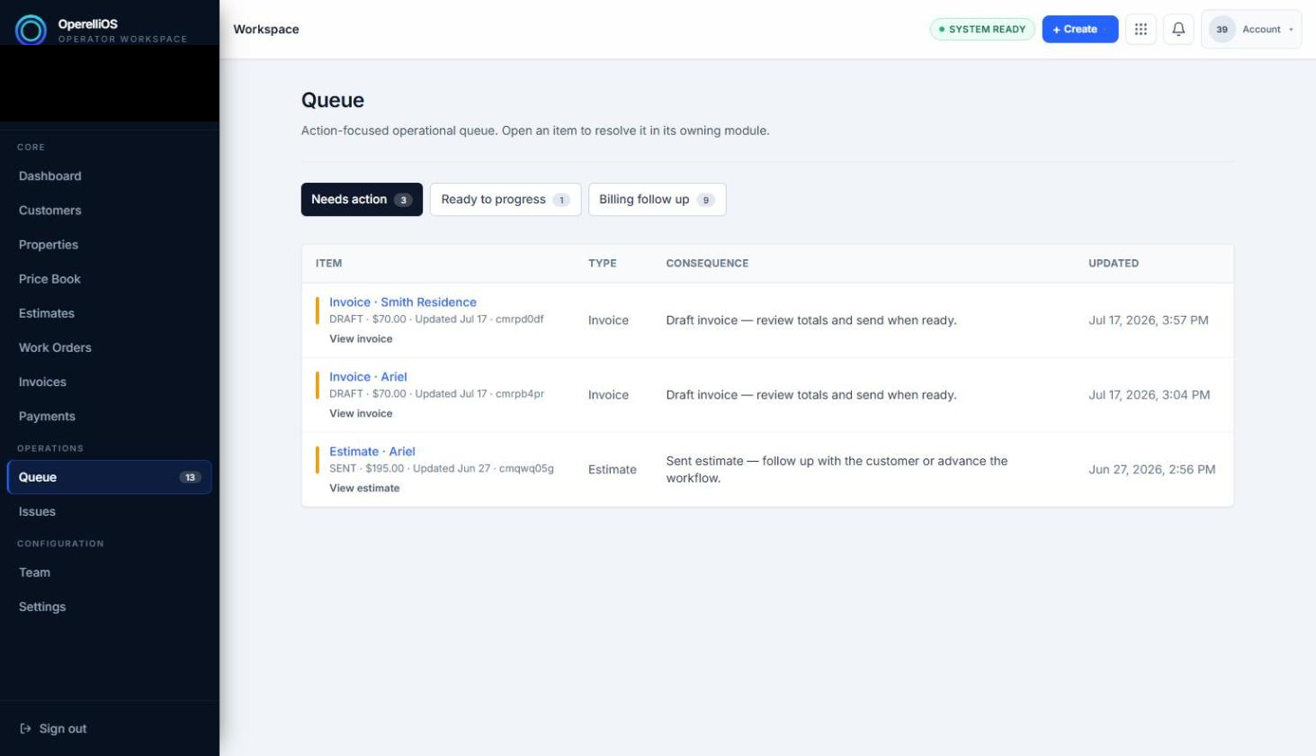Queue page on the Needs action tab listing draft invoice and estimate items