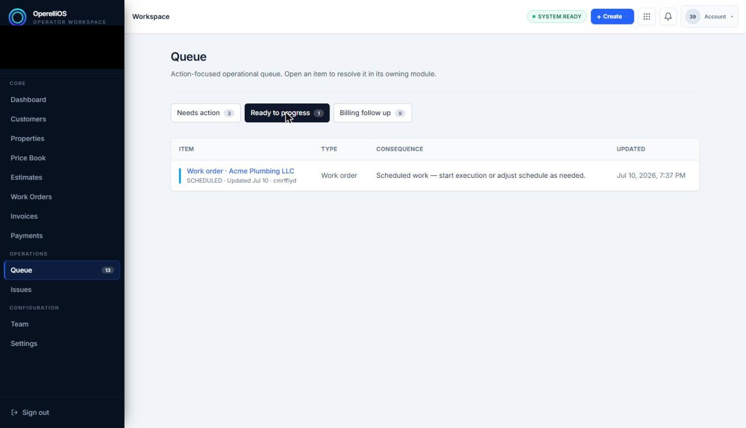 Queue Ready to progress tab showing a scheduled work order item