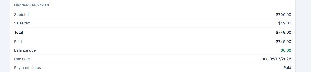 Invoice financial snapshot showing paid total and zero balance