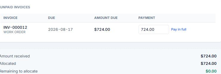 Amount received and allocation controls on the Record payment form