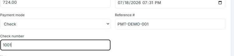 Payment mode selector options on the Record payment form