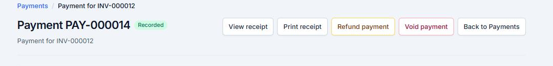 Confirmation showing a Recorded Payment Record after save