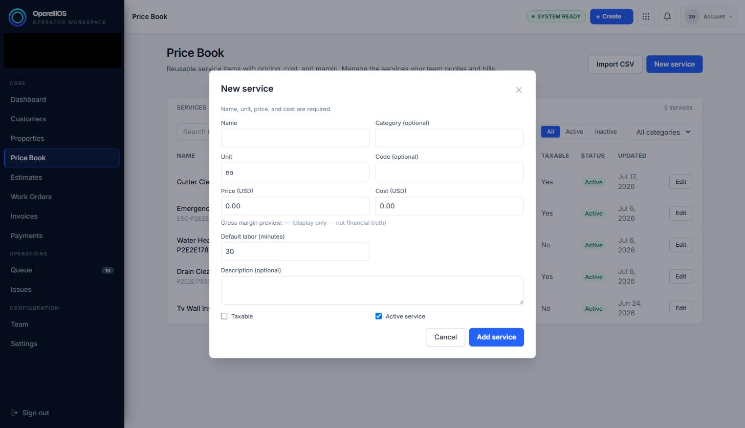 New service modal with empty fields