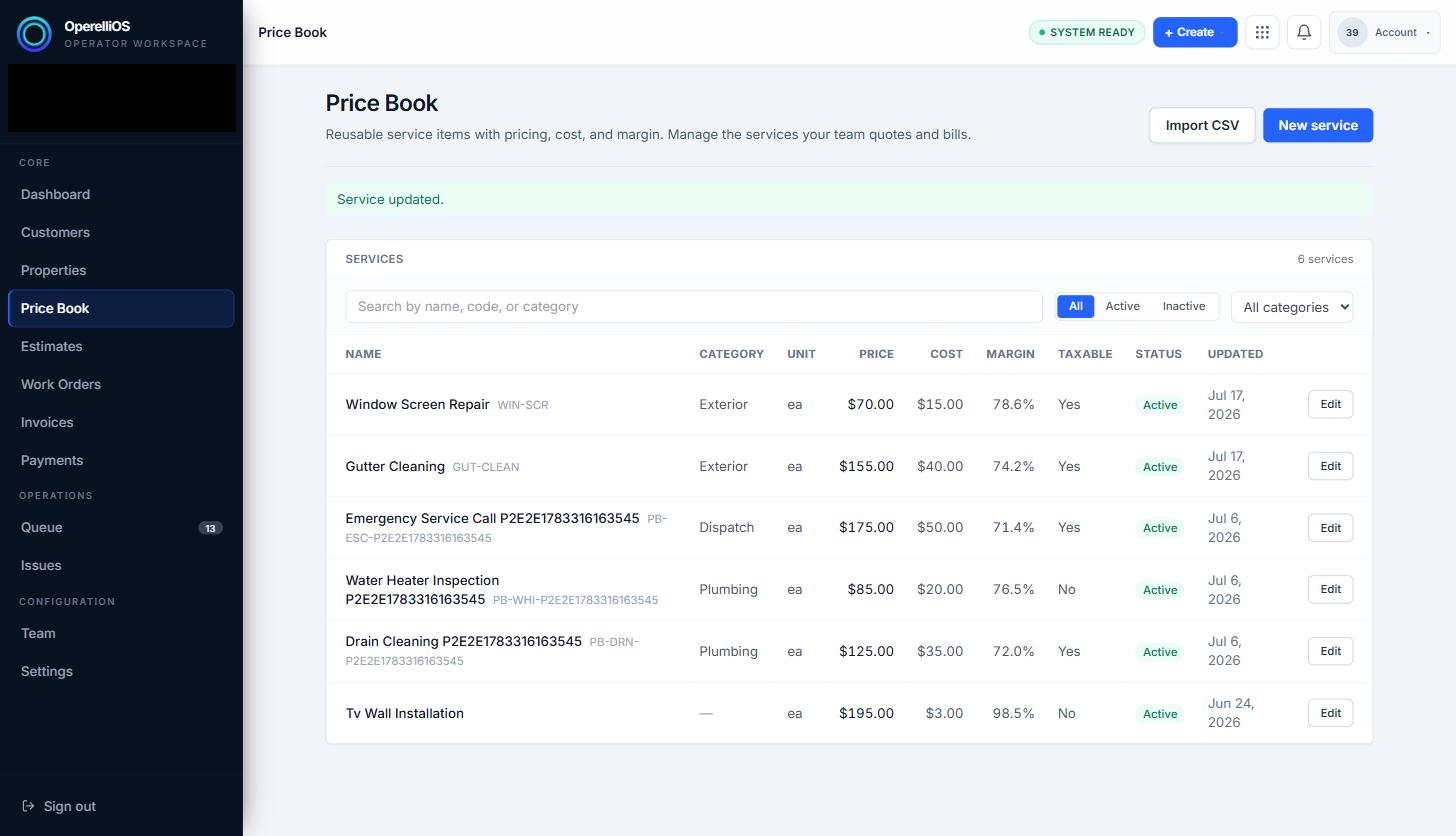 Price Book list showing services with pricing and margin columns