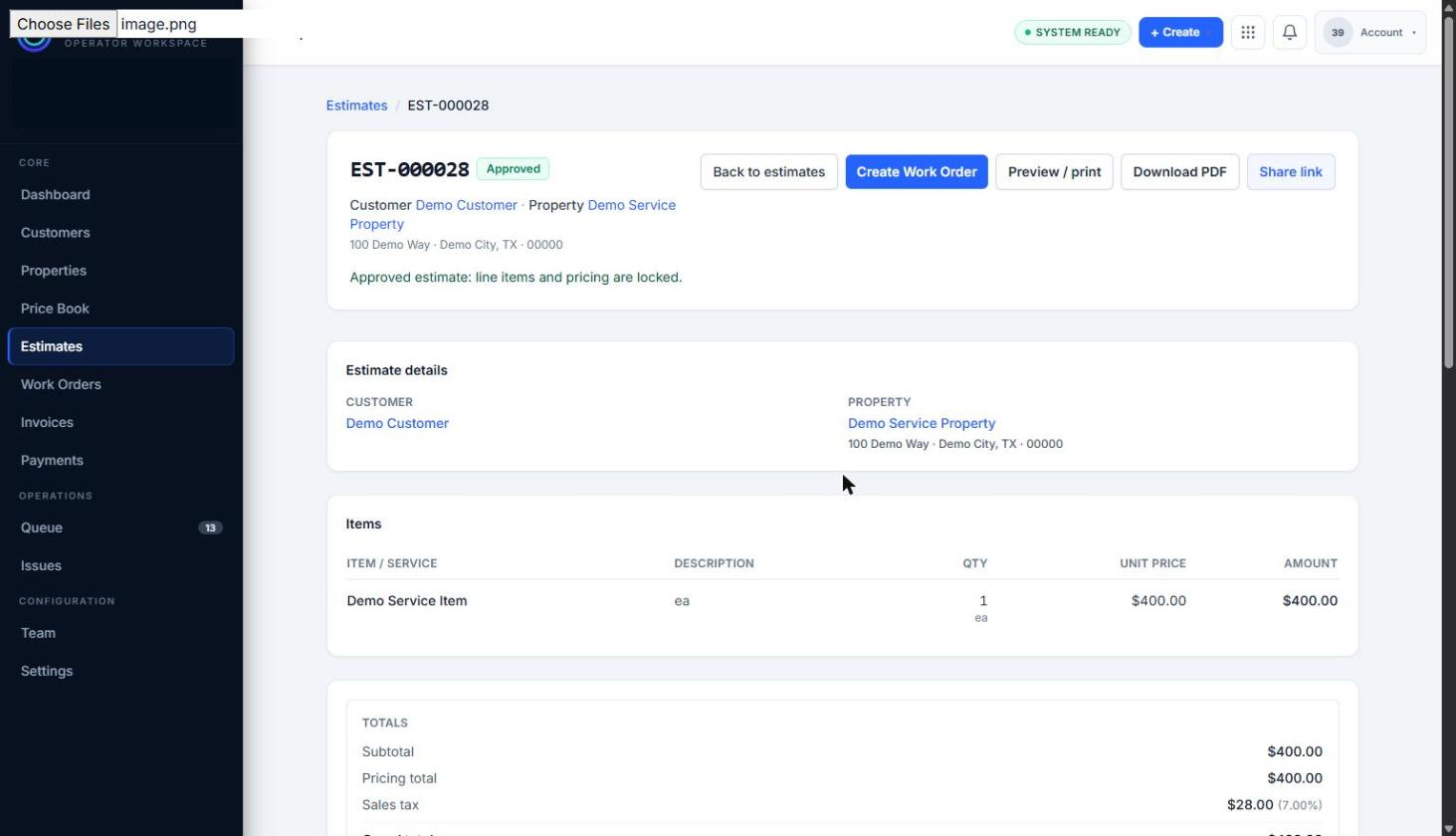 An Approved synthetic Estimate showing the Create Work Order control