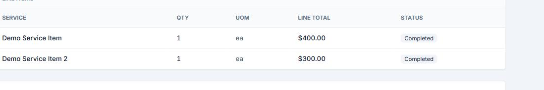 Line items table on a synthetic Work Order