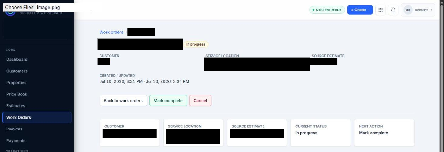 A synthetic Work Order shown in the In progress status after being marked started