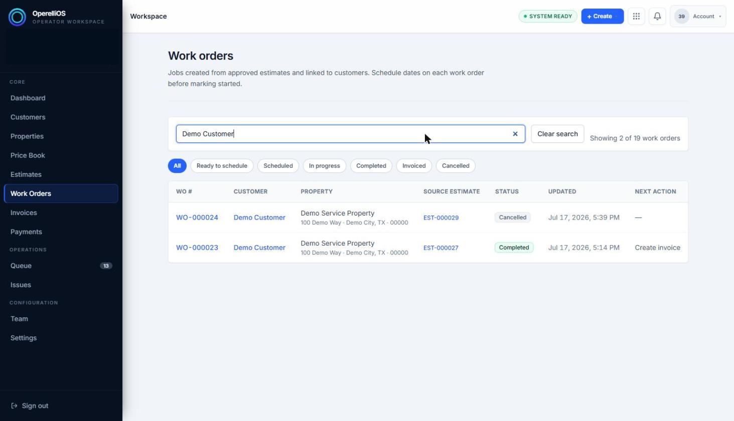 Work Orders list filtered to a synthetic demo customer